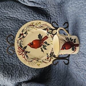 Lenox Winter Greetings Gold Rimmed Cardinal Plate and Mug